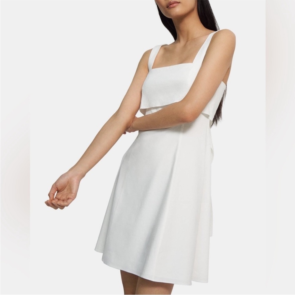 Theory Drape Back Mini Dress‎ in Stretch Linen White NWT Bow Solid Eco Crunch - Picture 4 of 15